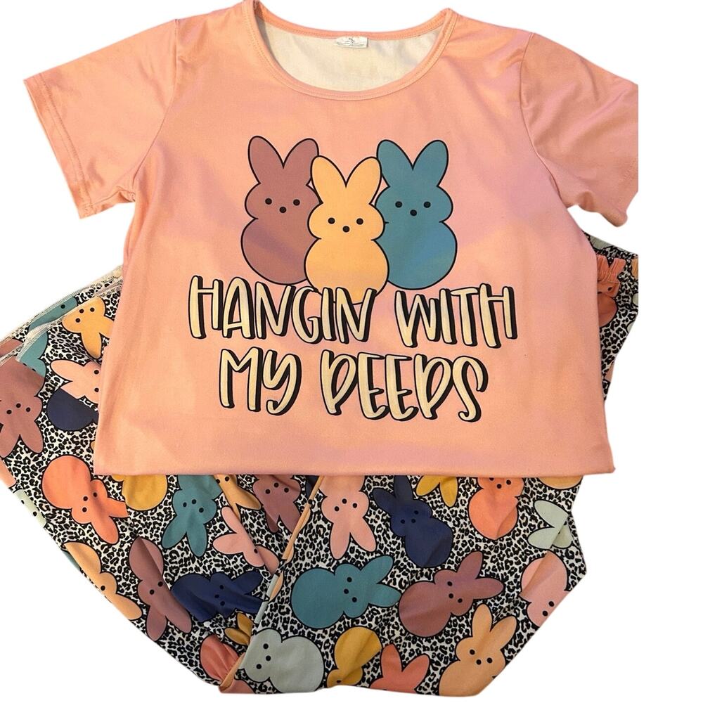 Girls Easter Outfit! Flare Pants, Bunny Hangin W/ My Peeps 2Piece Set/Sz: 14/16
